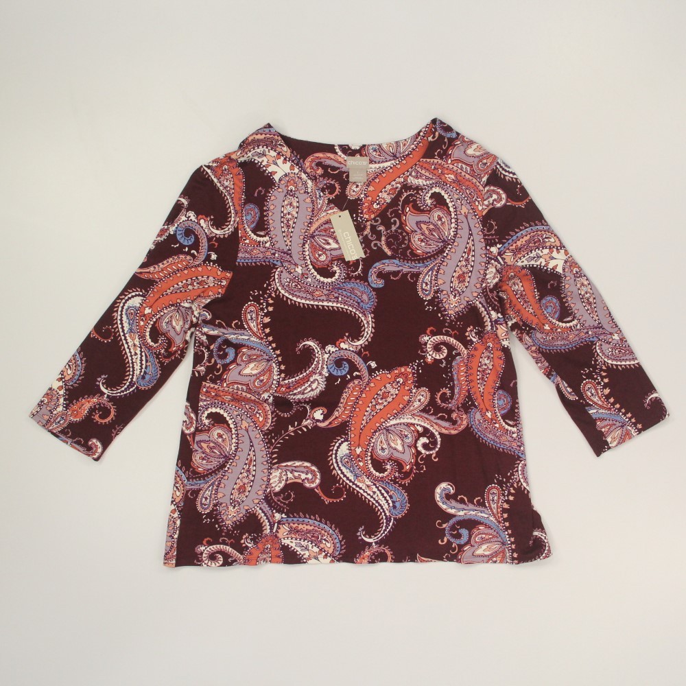 Chico\'s Women\'s Knit V-Neck 3/4 Sleeve Top Size Medium (1) Paisley Travel NOS