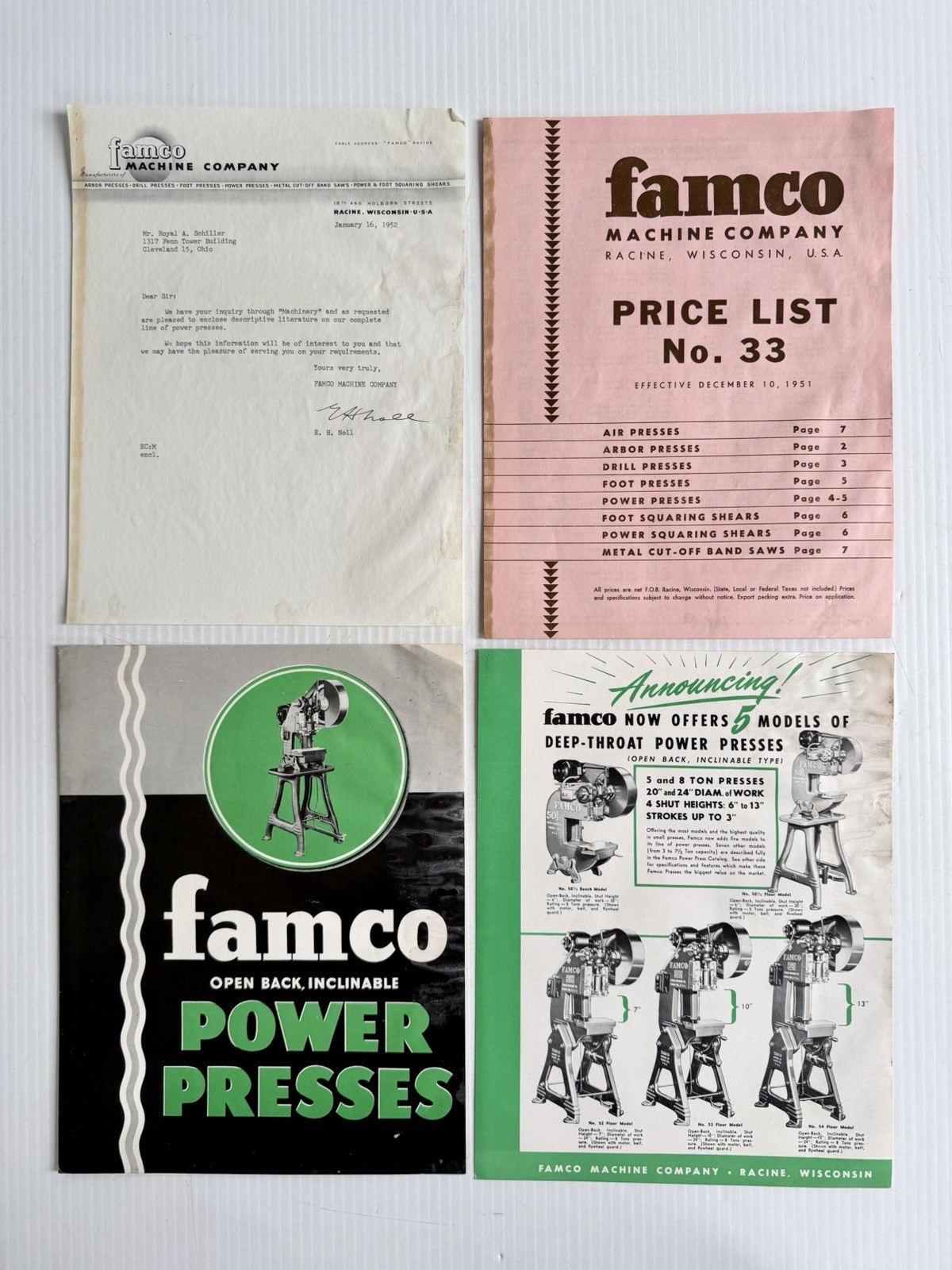 Lot Vtg 1952 Famco Machine Co. Power Press Brochure, Price List, Letterhead Etc Lot Vtg 1952 Famco Machine Co. Power Press Brochure, Price List, Letterhead Etc