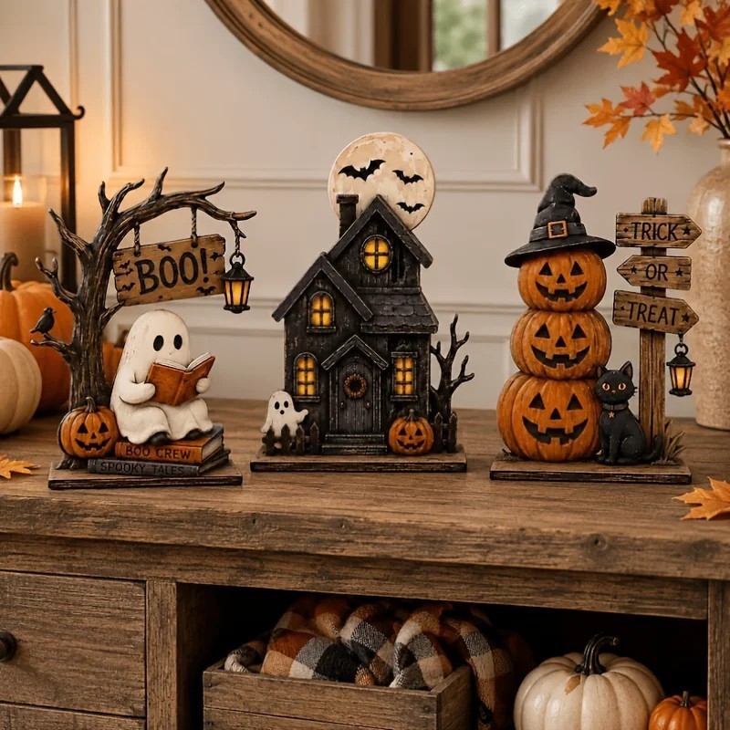3Pc Halloween Decor Set Haunted House Ghost Pumpkin Tabletop Statue Centerpiece