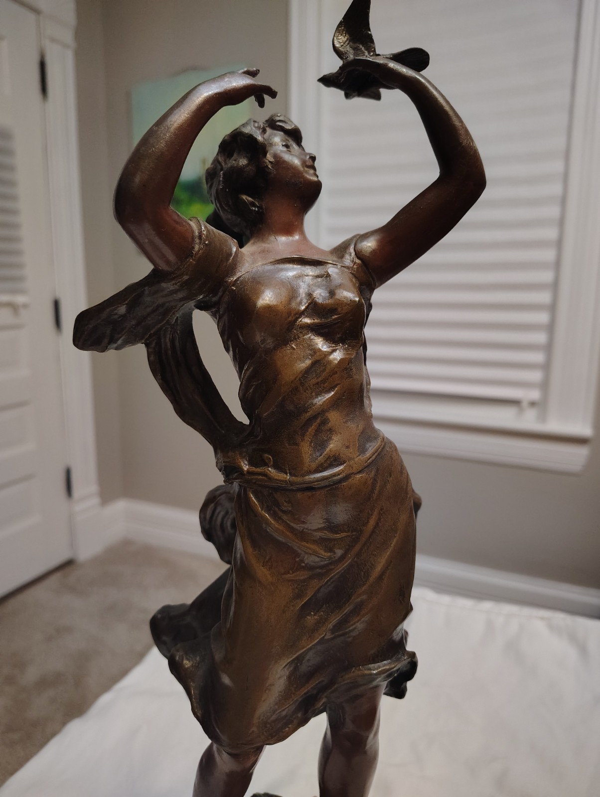 Antique French Rousseau Signed Metal Sculpture Woman w/ Bird 18.5\