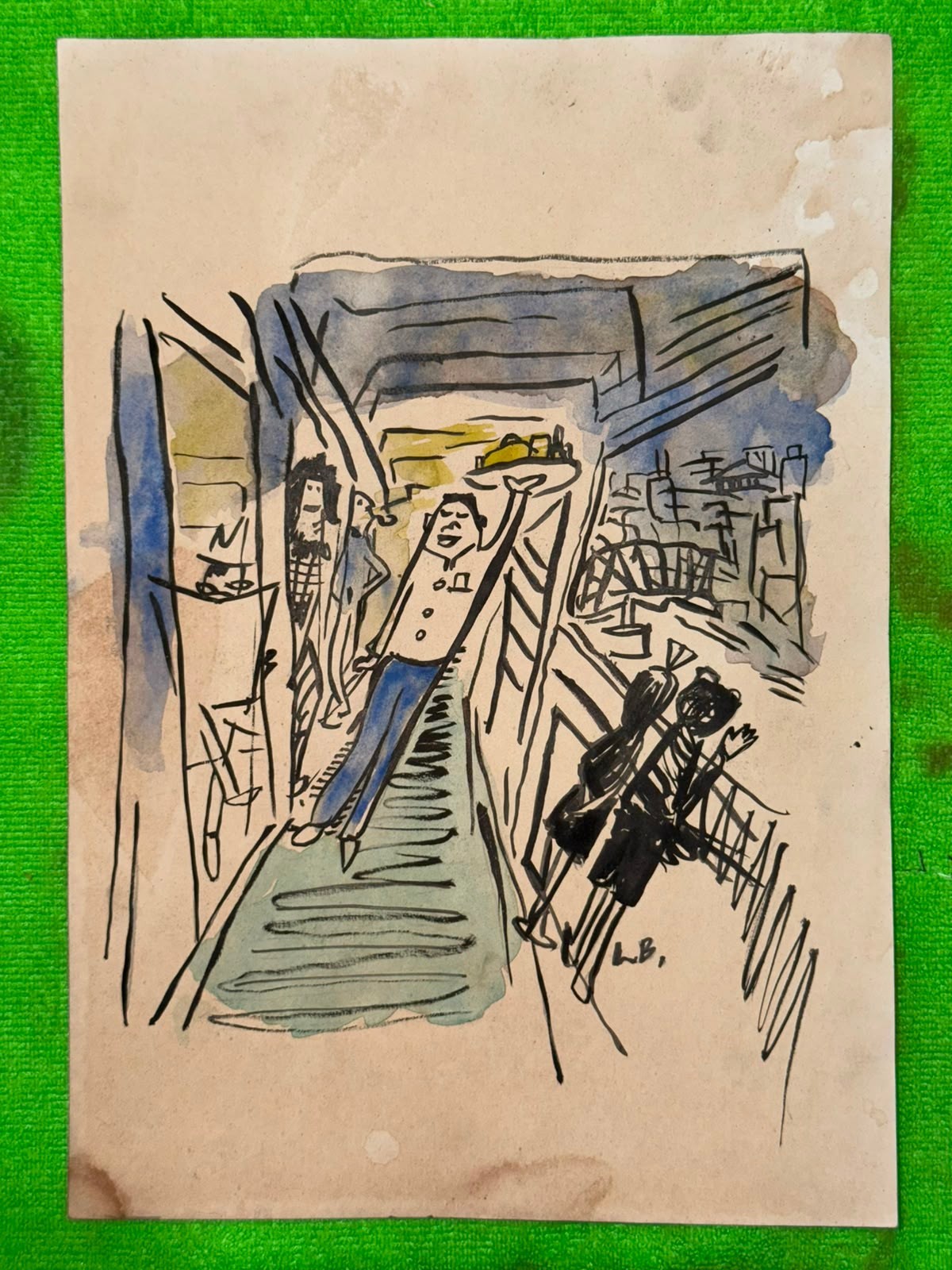 LUDWIG BEMELMANS drawing and painting on old paper signed stamped vintage