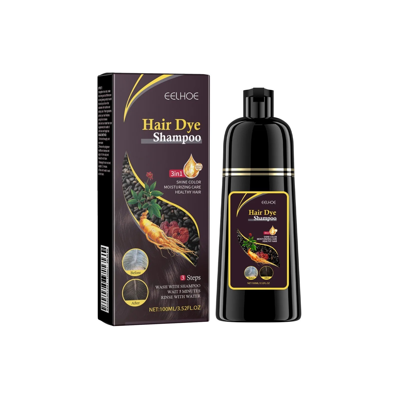Black Hair Dye Shampoo 3 in 1 Growth Clean Hair Darkening Deep Nourishing Black 