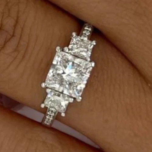 3.20Ct Princess-Cut EF Lab Grown Diamond Three Stone Wedding Ring 14k White Gold
