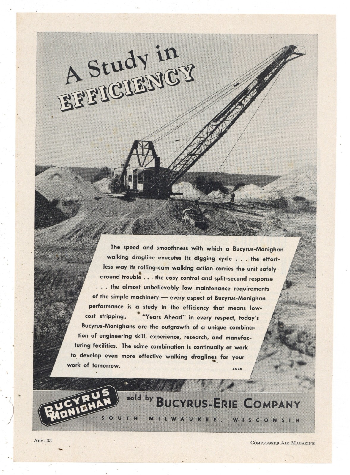1945 Bucyrus Erie Ad: Bucyrus Monighan Walking Dragline at Work in the Pit