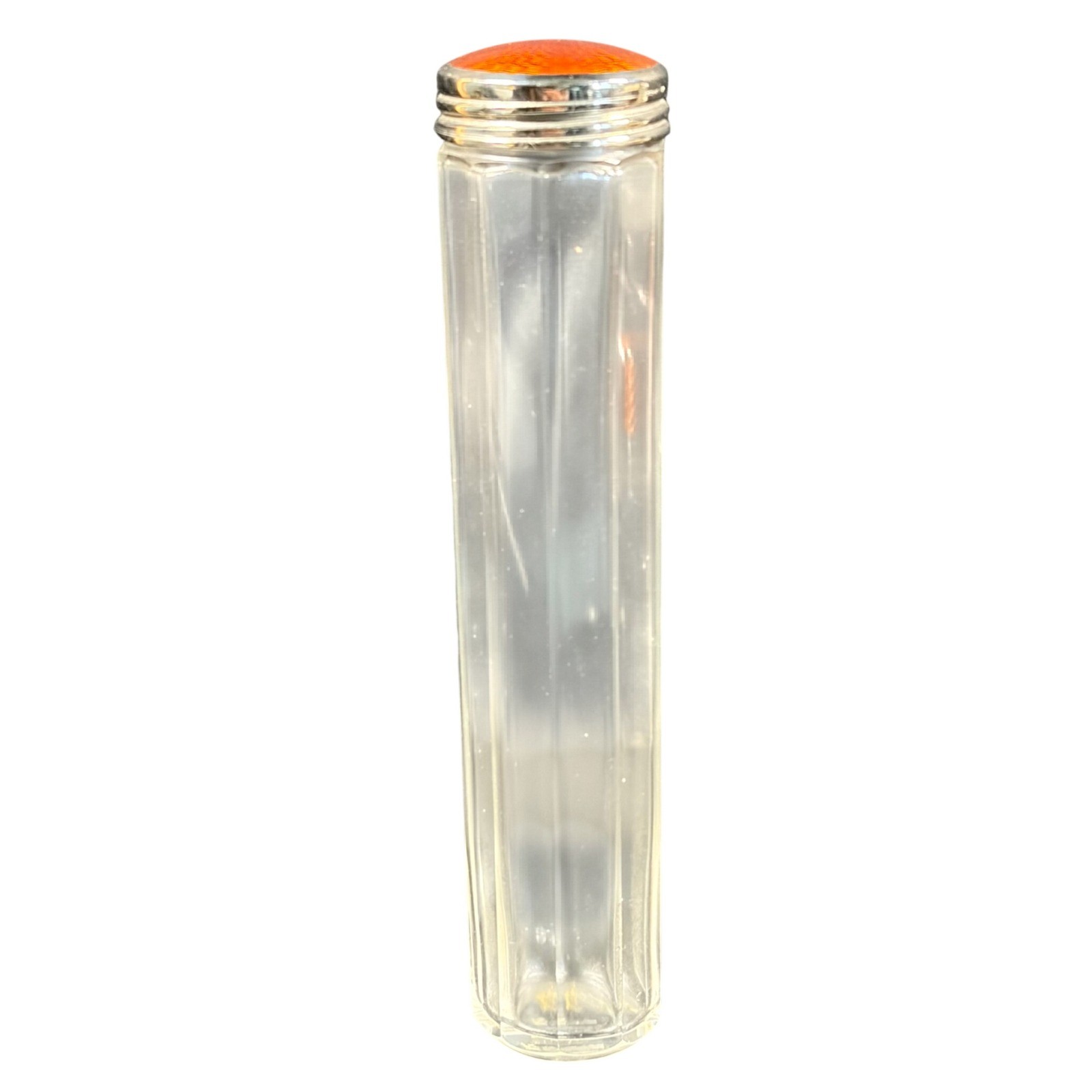 Antique Czech Fluted Glass Vanity Jar Orange Guilloche Enamel Lid Germany 7in