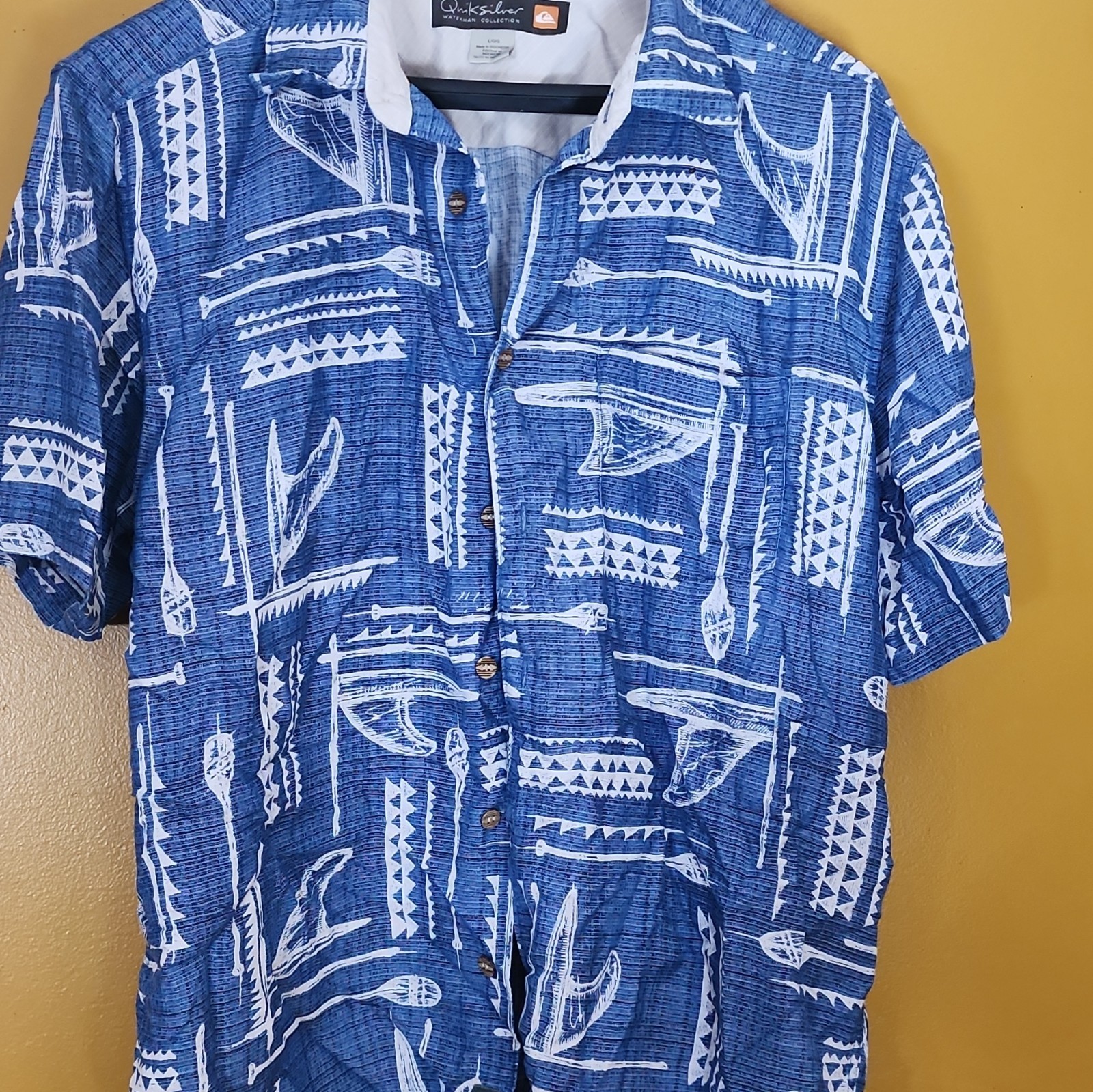 Quicksilver Waterman SURFBOARD PADDLE Hawaiian Button Up Mens Shirt L Blue