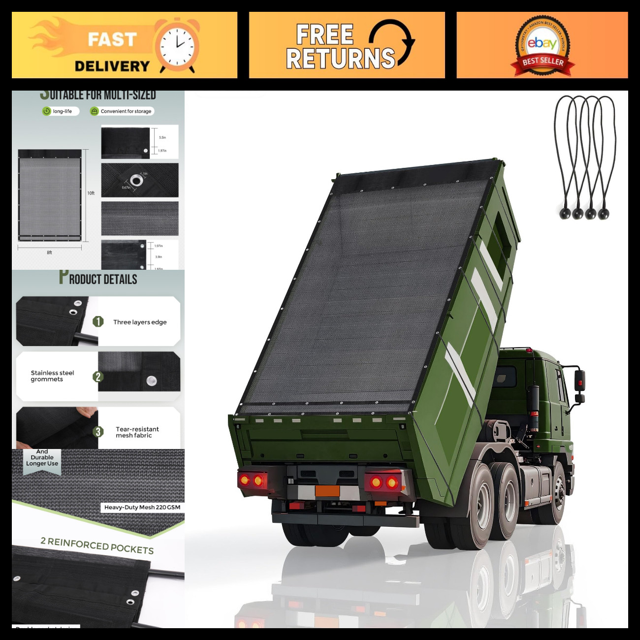 Heavy Duty 8\' x 10\' Mesh Dump Trailer Tarp with Grommets, Air-Flow, Elastic Cord