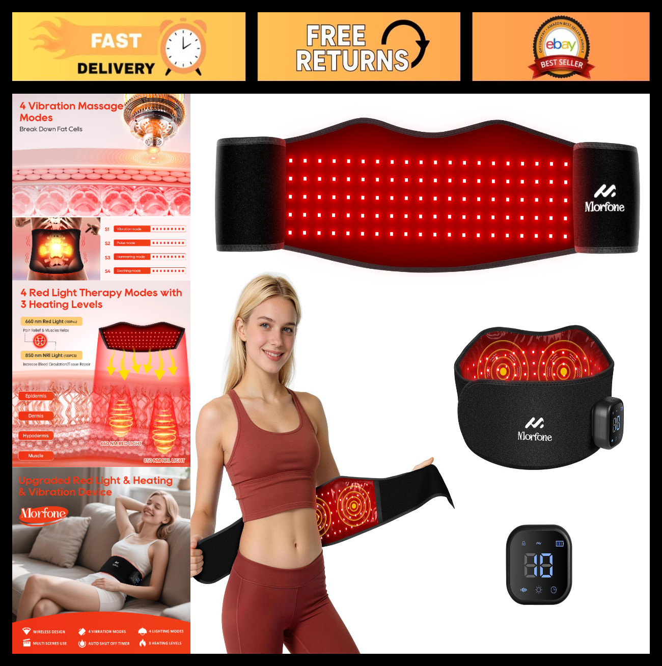 Cordless Red Light Therapy Belt with Vibration for Pain Relief, 660nm & 850nm