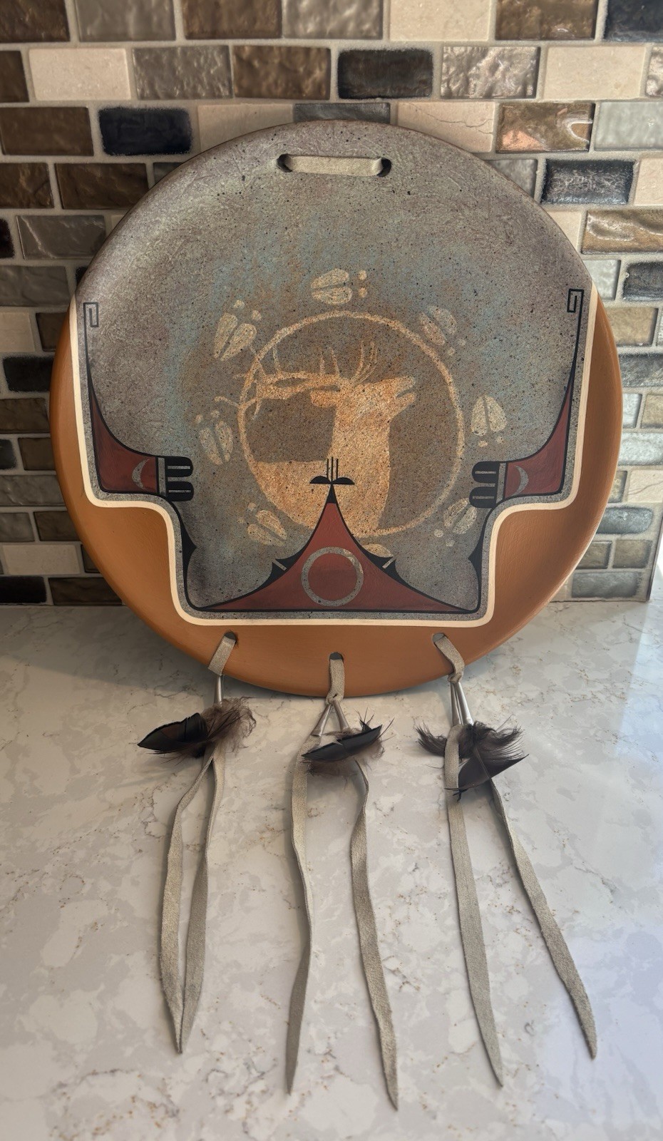 Ralph Aragon 1944-2025 Zia Pueblo Pottery Shield Deer Feathers Signed 2000