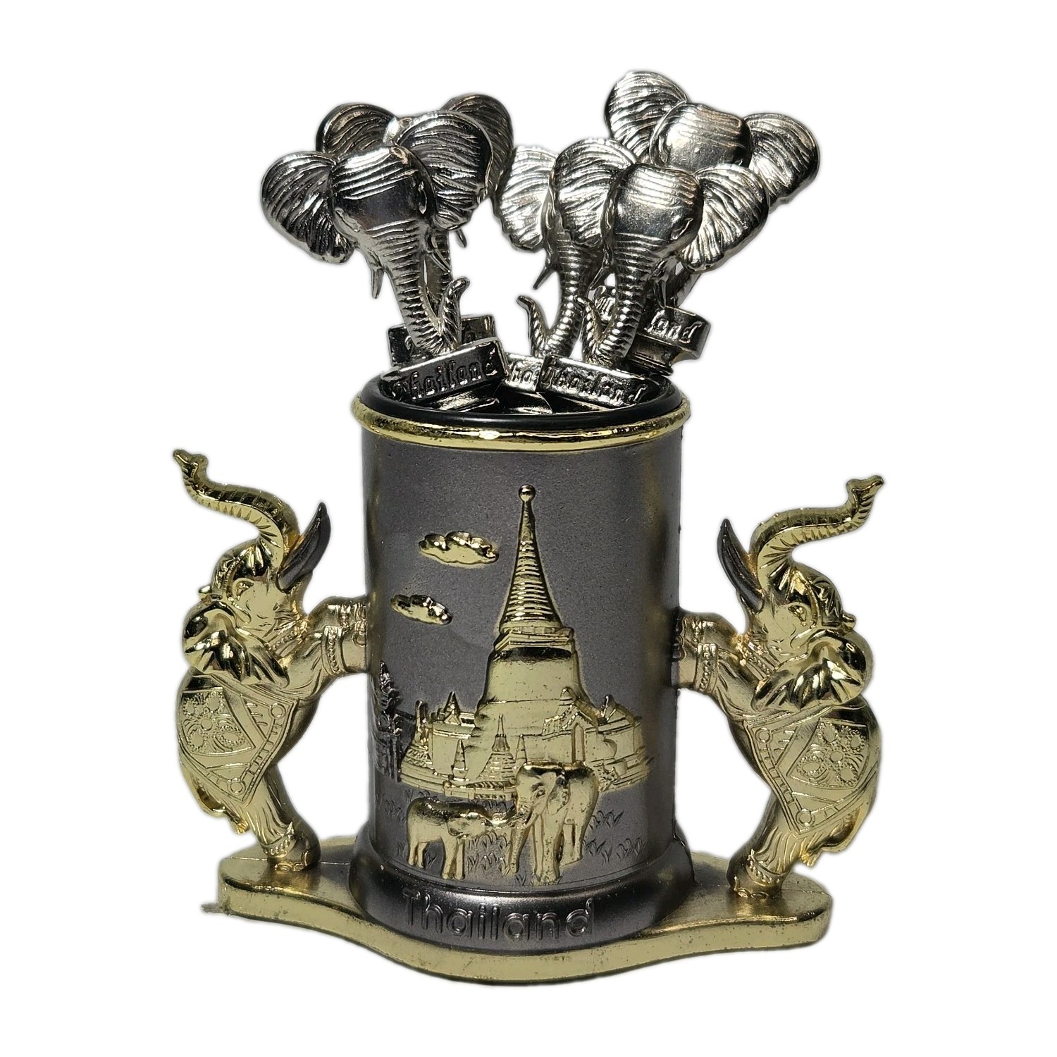 Vintage Thailand Elephant Caddy & Cocktail Fork Set Gold/Silver Tone Souvenir