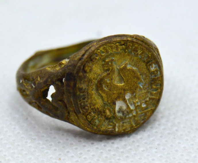 Unique Ancient Antique Bronze Coin Ring Rare Military Artifact Authentic Size 8