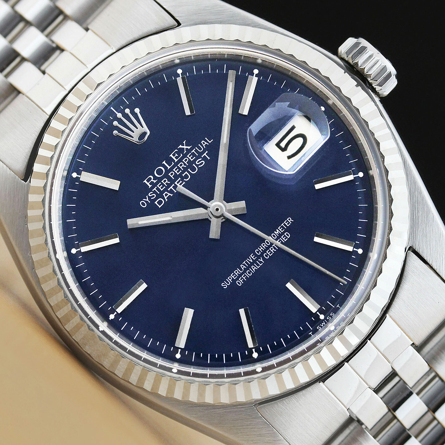 ROLEX MENS DATEJUST 1601 BLUE DIAL 18K WHITE GOLD STAINLESS STEEL WATCH