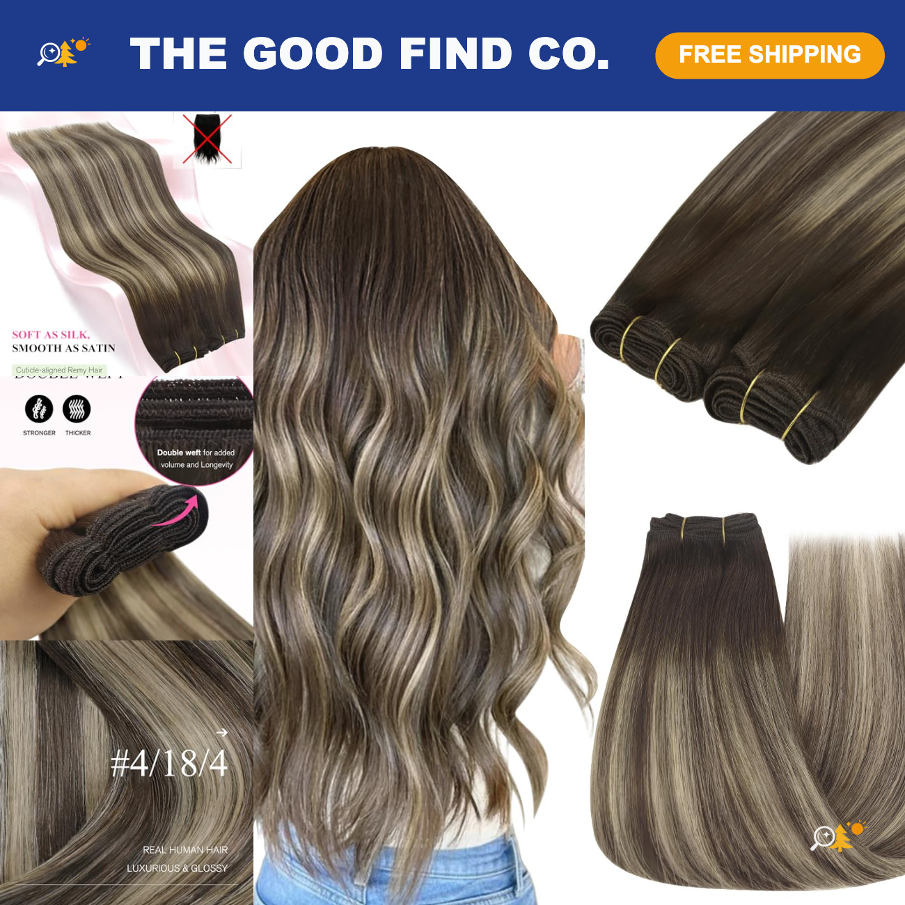 Sew-In Hair Extensions Brown Weft 14 Inch Thick Remy Human Hair Balayage 70g