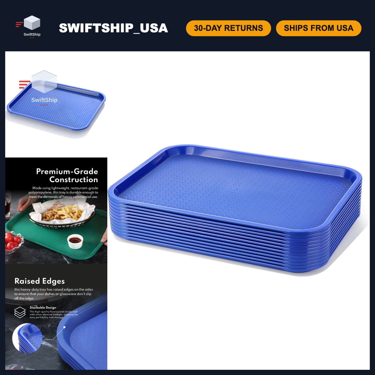 Fast Food Serving Tray Set of 12, 12x16 Inch, Blue Plastic Trays for Restaurants Fast Food Serving Tray Set of 12, 12x16 Inch, Blue Plastic Trays for Restaurants