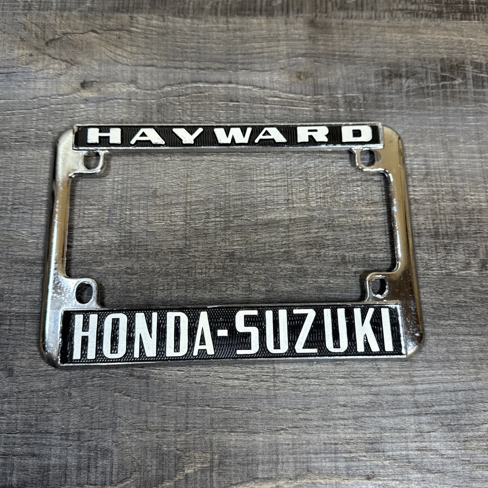 Vtg Hayward California Honda Suzuki CA Metal MOTORCYCLE LICENSE PLATE FRAME