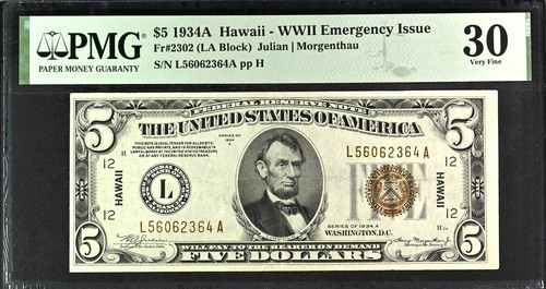1934A $5 Hawaii Overprint Note WWII Emergency Issue PMG 30 Very Fine Rickey Coll