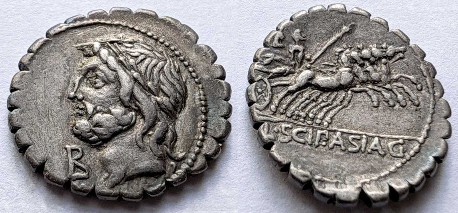 Roman Republic Scipio Asiaticus AR Serrate Denarius 106 BC Jupiter RRC 311/1 Roman Republic Scipio Asiaticus AR Serrate Denarius 106 BC Jupiter RRC 311/1