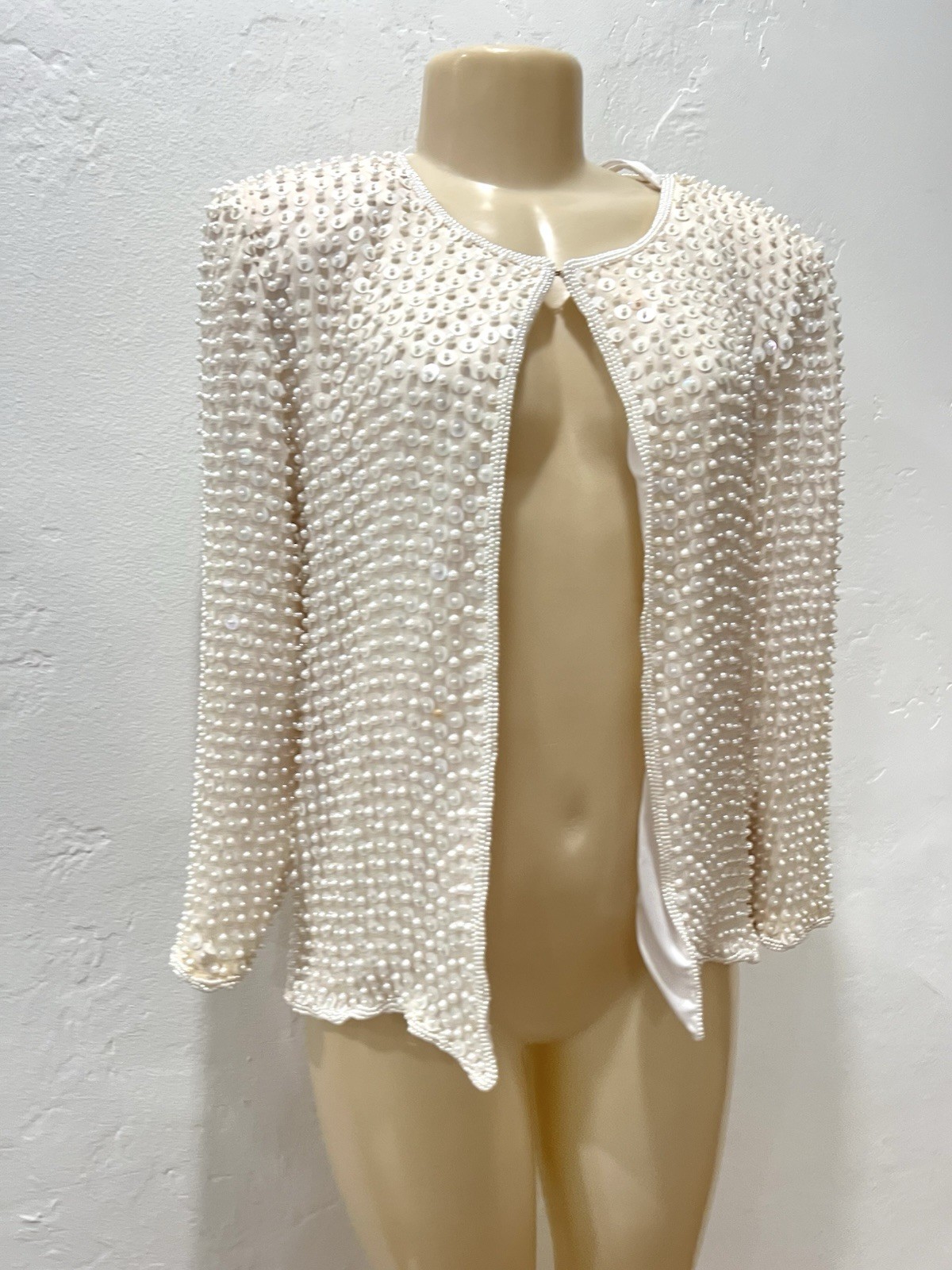 Vintage Stenay Ivory Silk Beaded Pearl Sequin Evening Jacket Wedding Medium