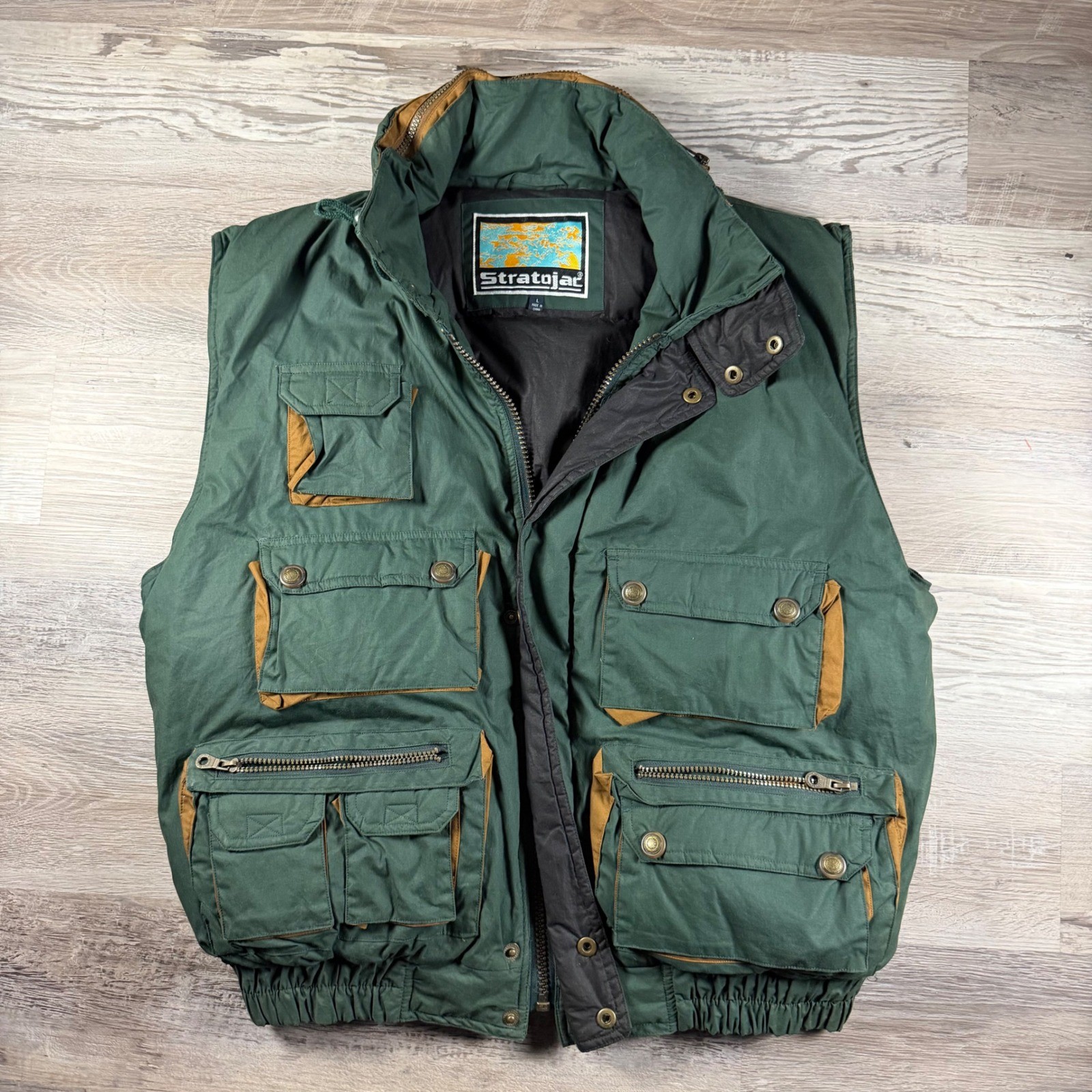 Stratojac Mens Vintage Down Filled Puffer Vest Green Utility Multi-Pocket Large