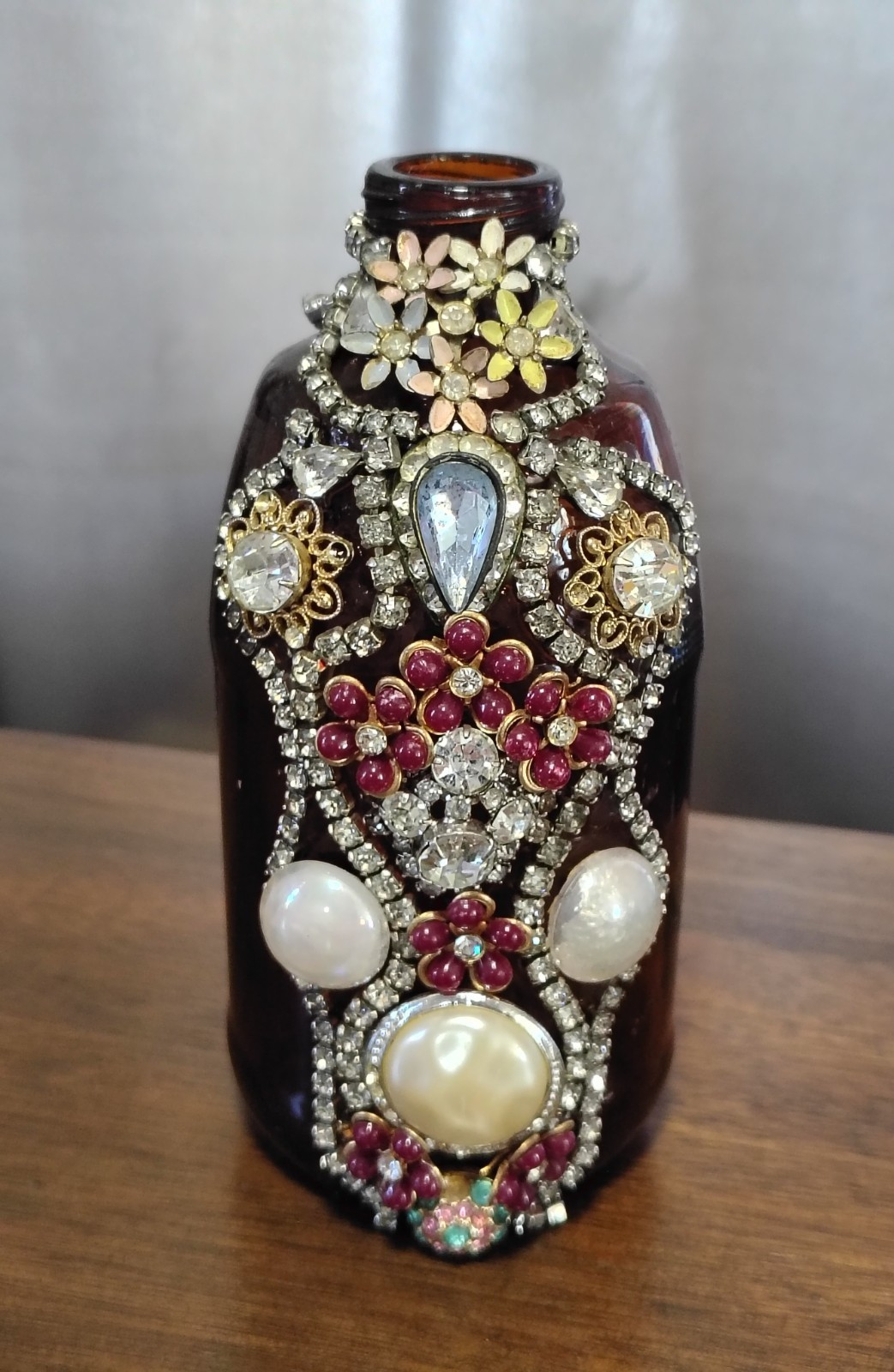 Antique Vintage Memory Jug Amber Bottle Jeweled Folk Art