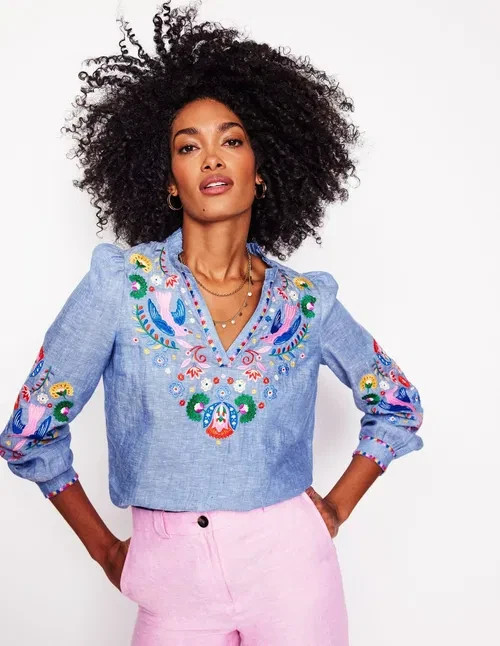 New Boden Grace Linen Top Chambray Embroidered Birds Womens Size 6 Sample