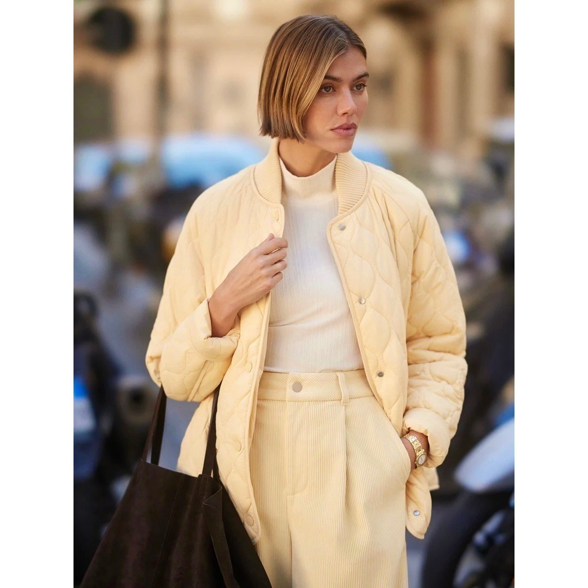 NWT VARLEY Luca Quilted Jacket Solid Reed Yellow Bomber Snaps Solid Medium