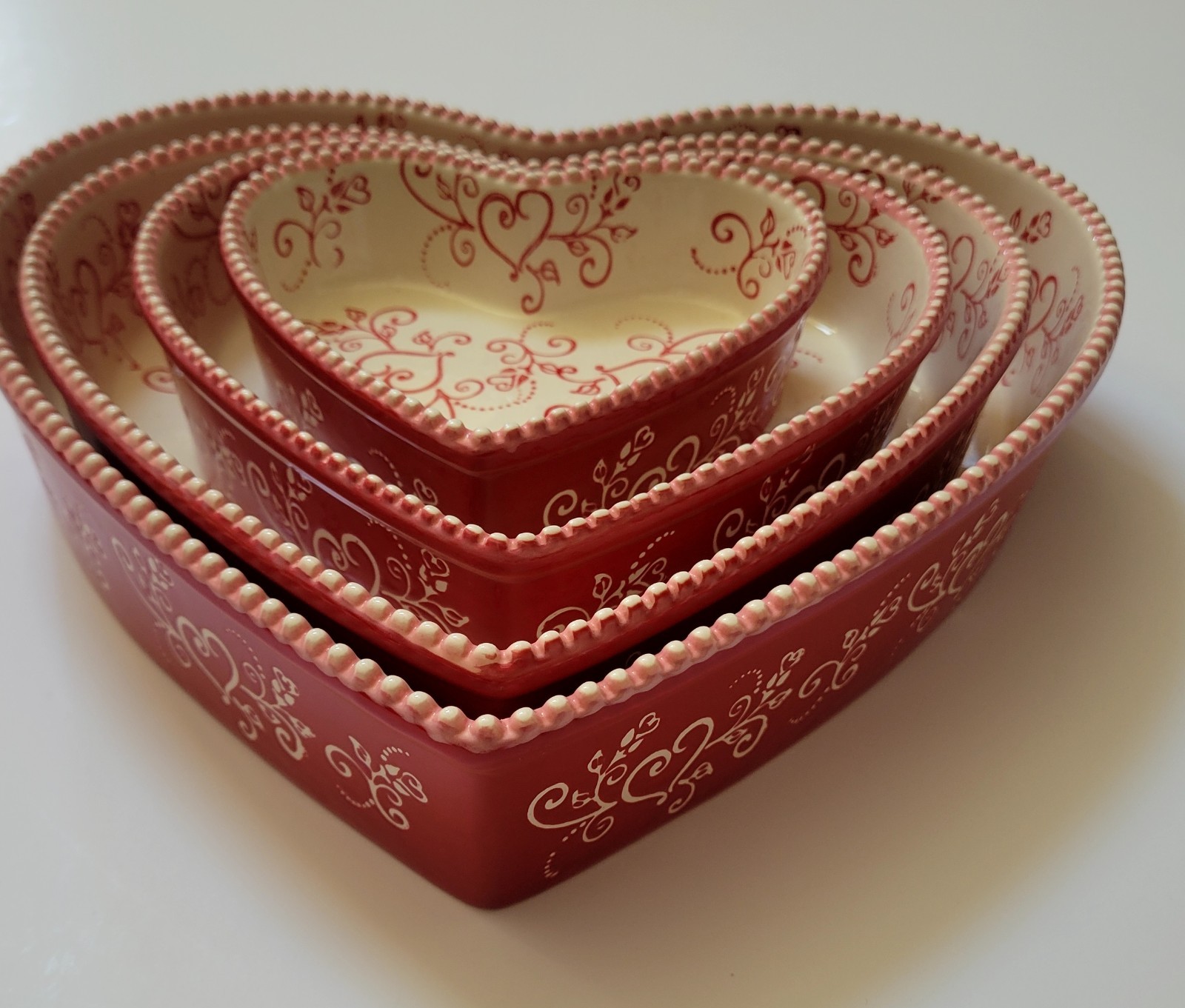 temptations by tara red floral lace set of 4 heart baking dishes size XS/S/M/L