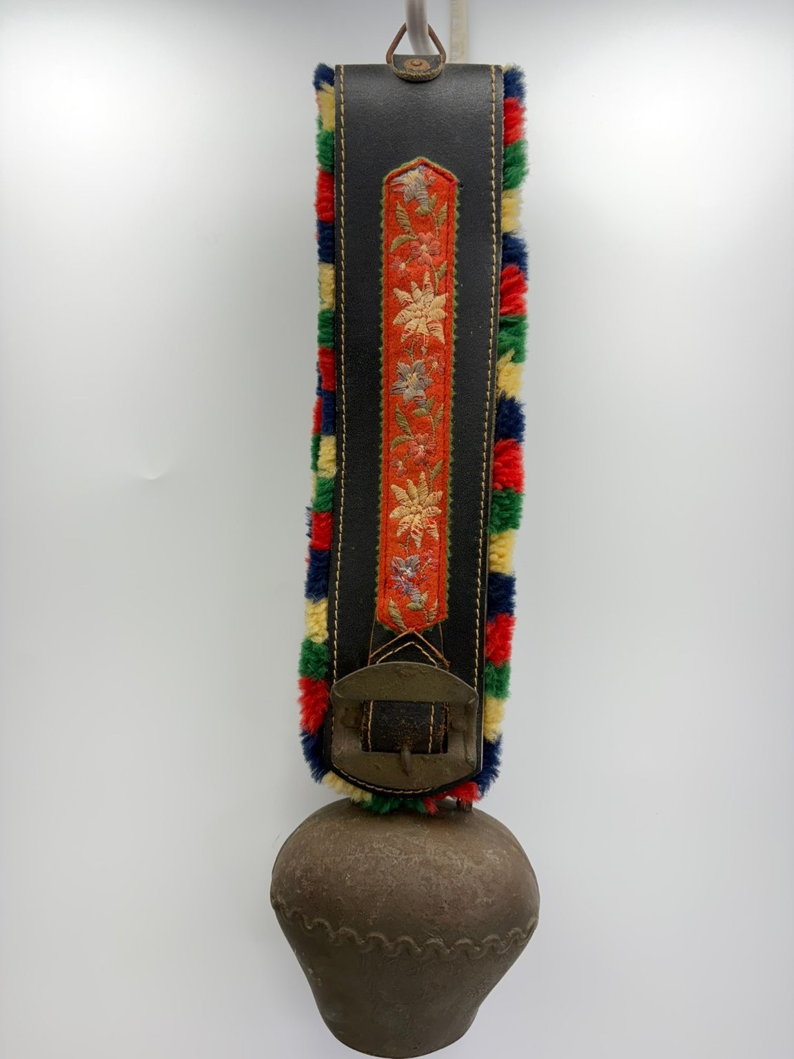 Vintage Austrian Cow Bell Folk Art Embroidered Leather Strap Bronze Alpine Decor