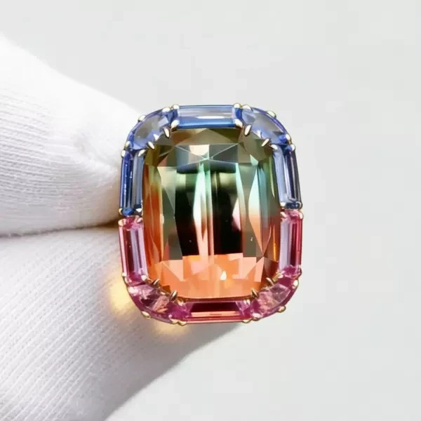 6.8Ct Cushion Cut Lab Created Sapphire Bi-Color Tourmaline Cocktail Wedding Ring