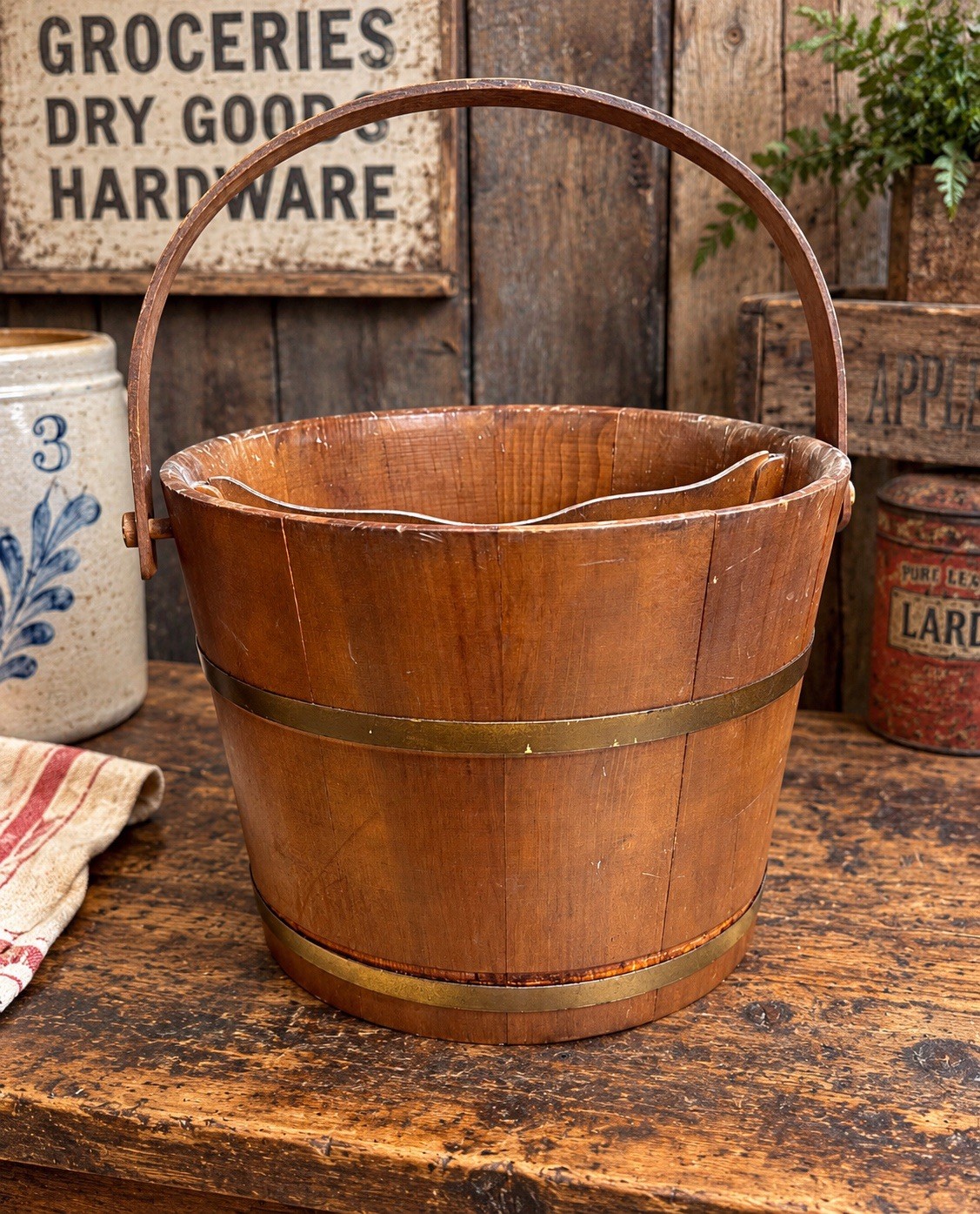 Vintage Wooden Divided Bucket Brass Banded Stave Pail with Swing Handle Rustic
