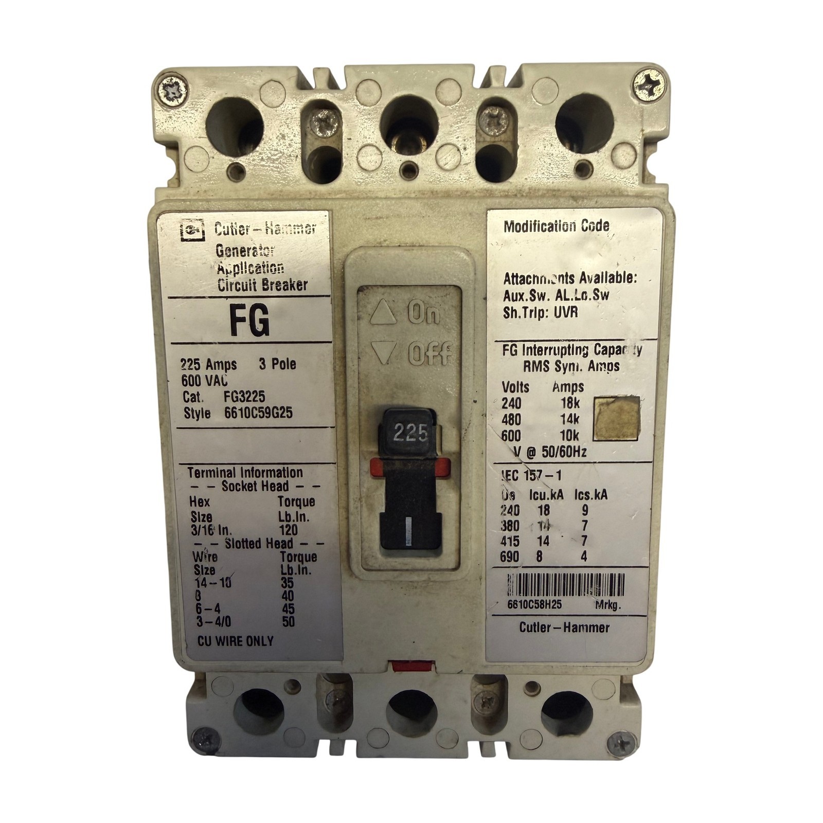 Cutler-Hammer FG3225 225A 3-Pole 600V Generator Application Circuit Breaker