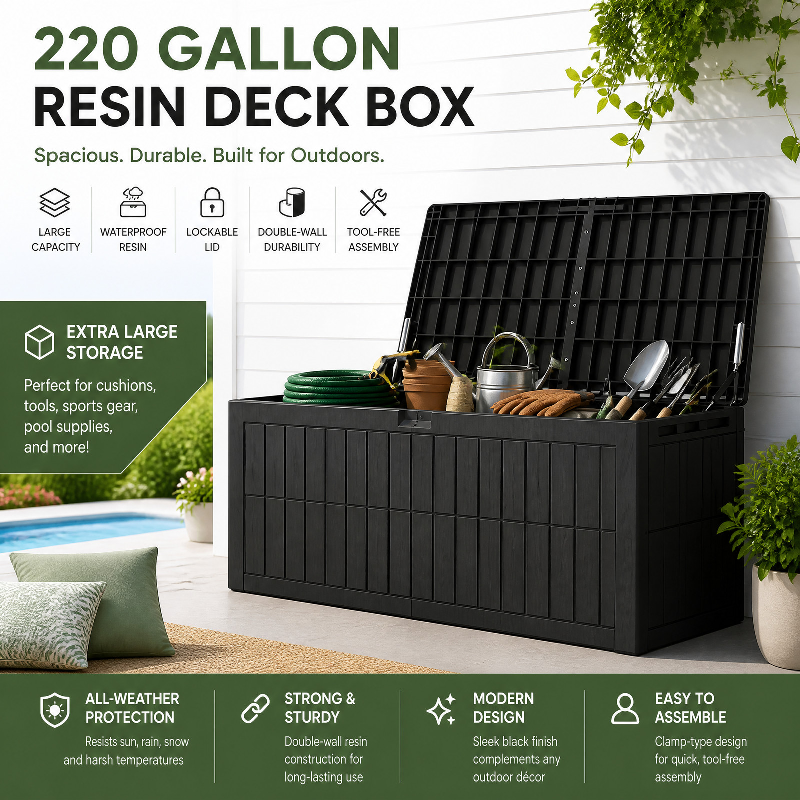 220 Gallon Outdoor Storage Box WaterProof Deck Box for Patio Garden Furniture