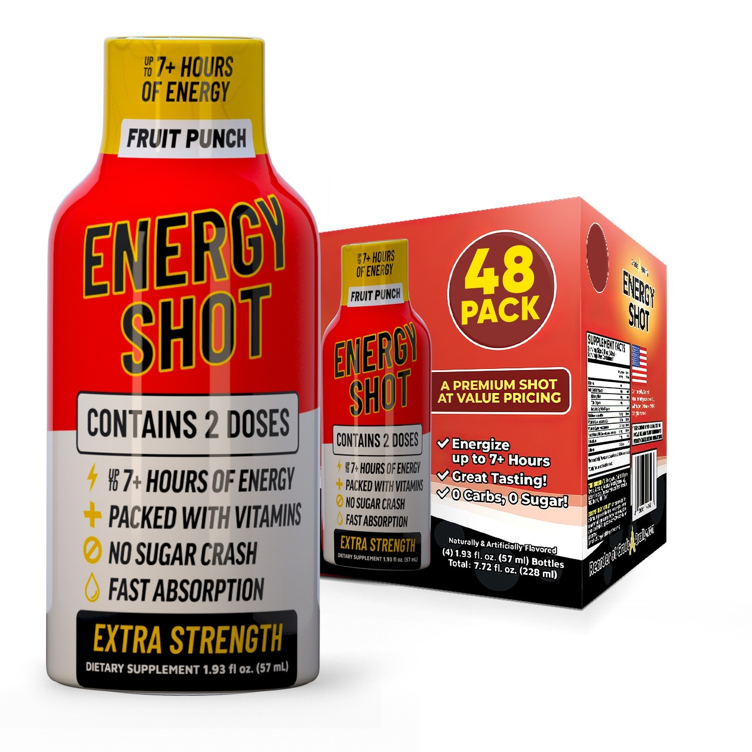 (48 Pack) GAQ Energy Shots, Fruit Punch, Energy Lasts Up to 7+ Hours