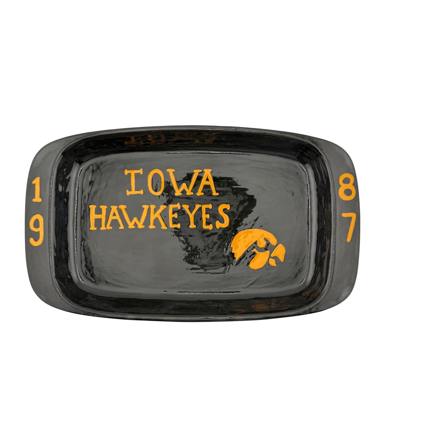Vintage Iowa Hawkeyes 1987 Handmade Porcelain Serving Tray Black Gold NCAA 12.5\