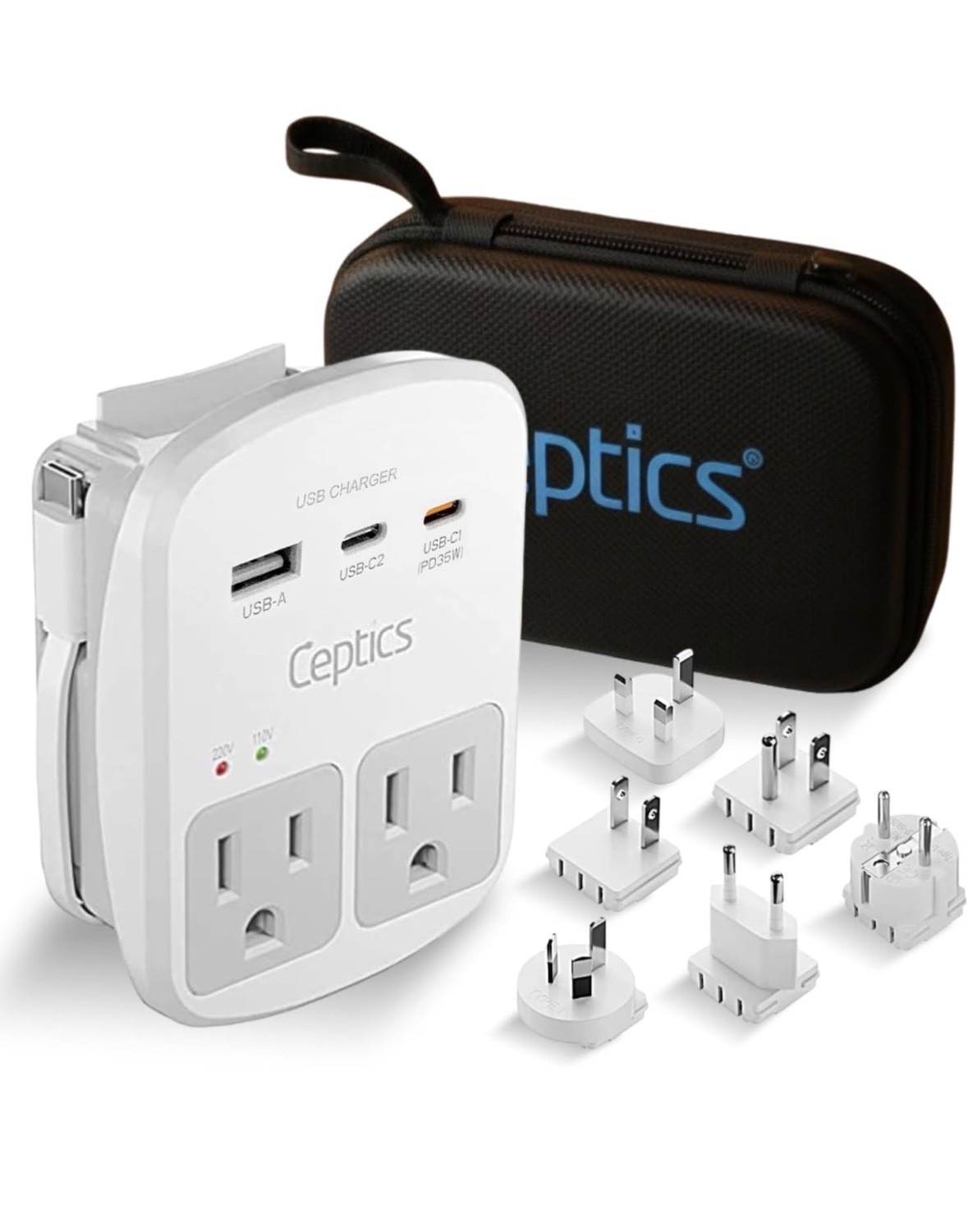 Ceptics 35W Universal Travel Adapter Kit – 2 USA sockets, USB-A, USBC, 1x PD 35W