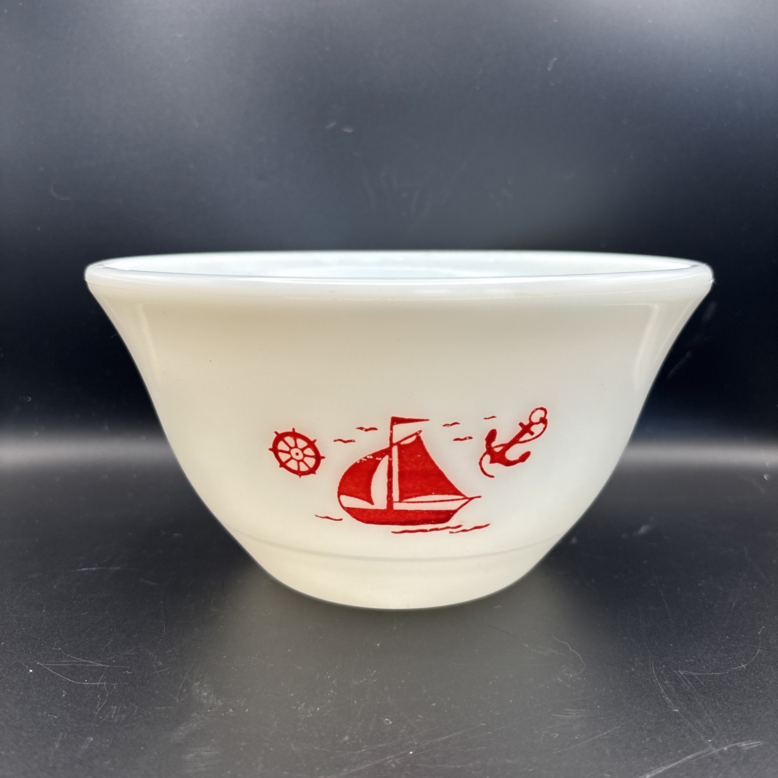 Vintage McKee Glass Co. Red Sailboat White Milk Glass 8\ Vintage McKee Glass Co. Red Sailboat White Milk Glass 8\