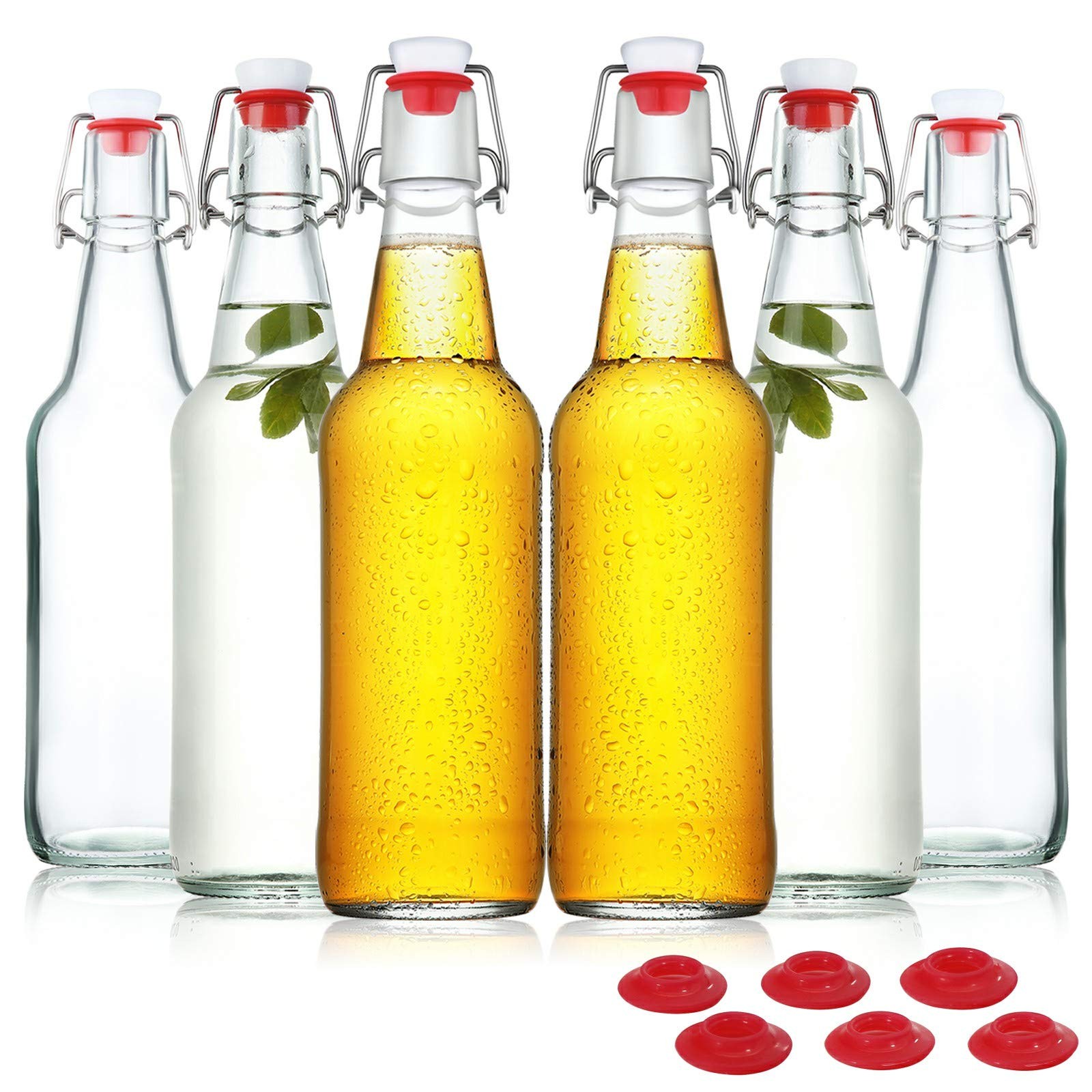 16 oz Clear Swing Top Glass Bottles with Airtight Lids 6 Pack