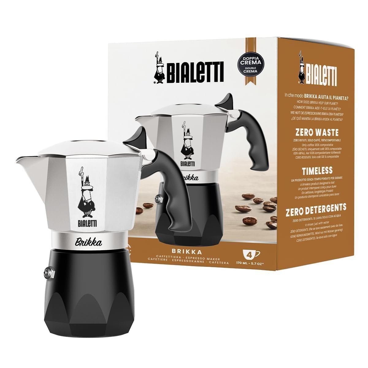 Bialetti Brikka 4-Cup Open-Fire Espresso Moka Pot Aluminum Crema Italy