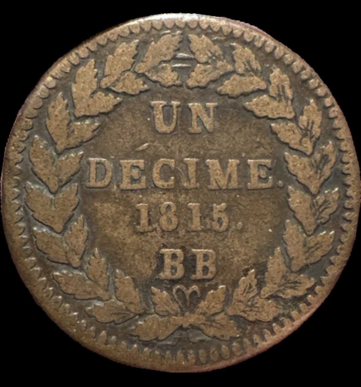 1815 France 1 Decime BB With Points. KM# 701 F/VF Bronze Coin. 1815 France 1 Decime BB With Points. KM# 701 F/VF Bronze Coin.