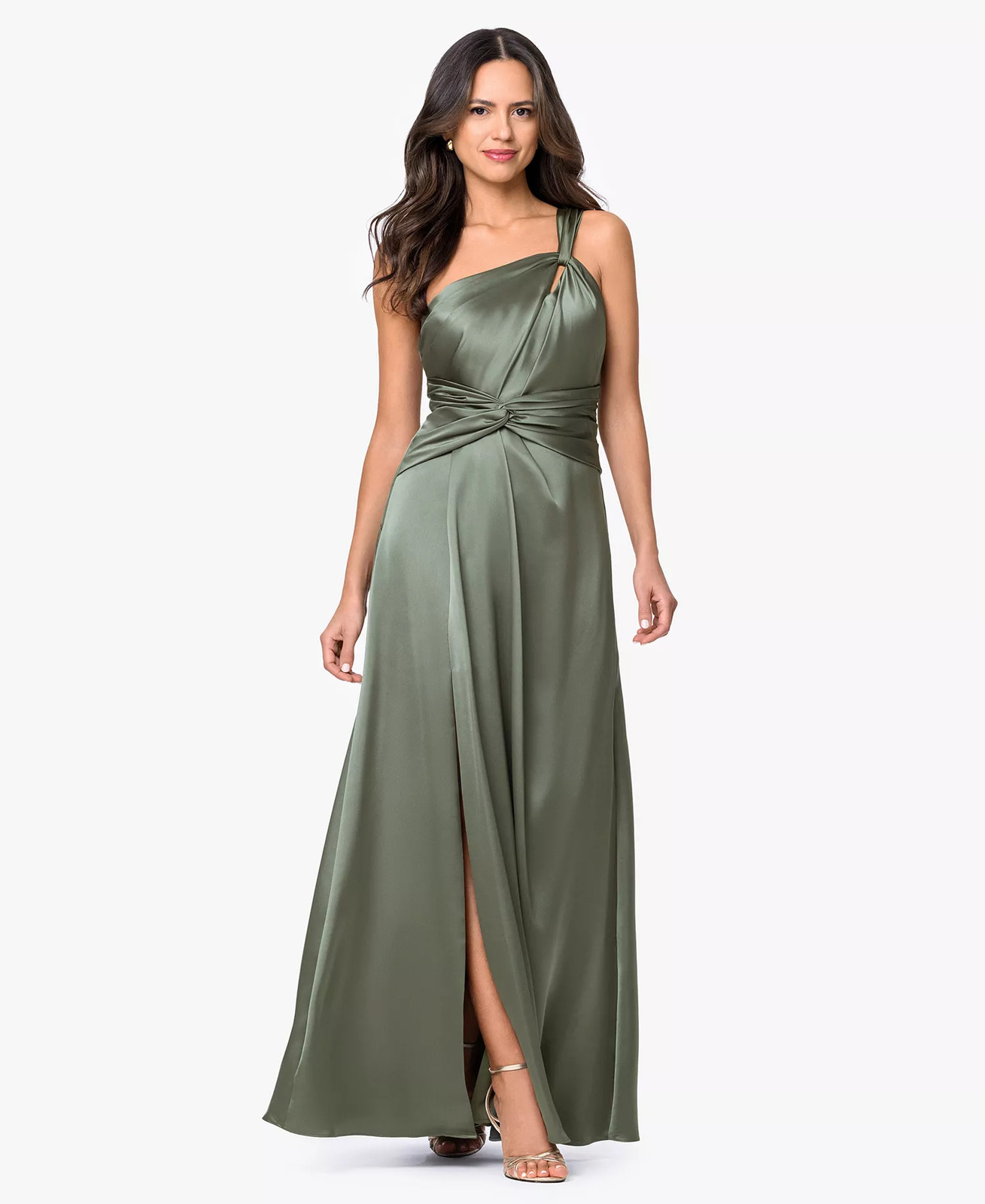 Xscape Satin Gown 12 Olive Green One Shoulder Gathered Waist Side Slit NWOT $299
