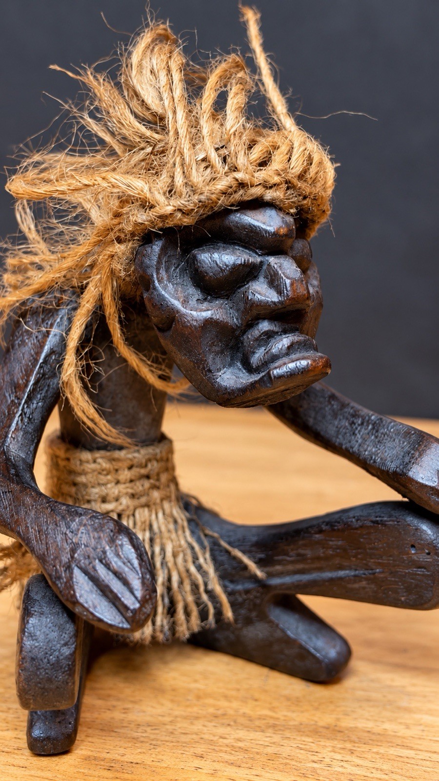 Hand Carved Wood Figurine with Rope Hair – Unique Folk Art Decor