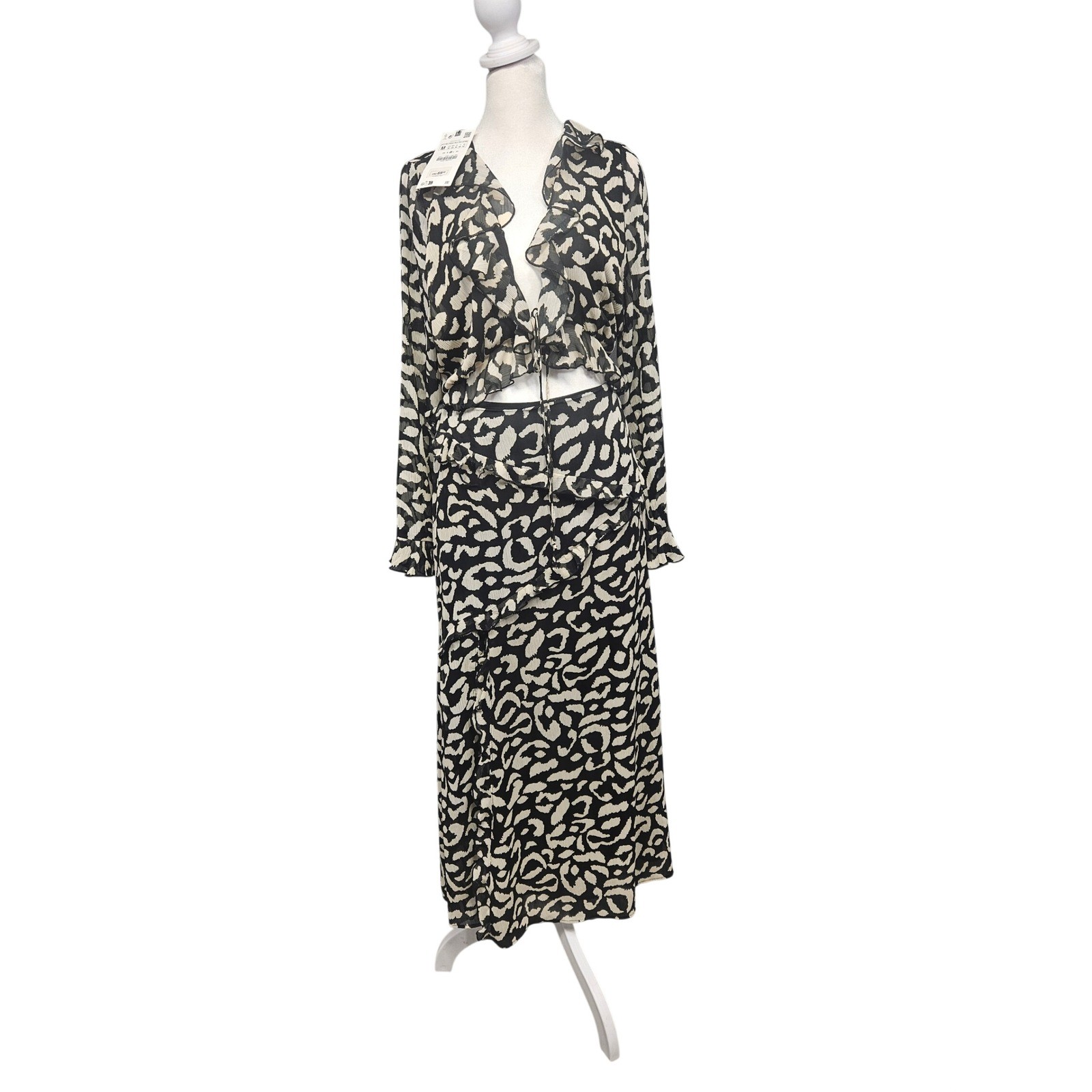 Zara Animal Print Ruffle Cutout Midi Dress Black Cream Leopard Long Sleeve NEW