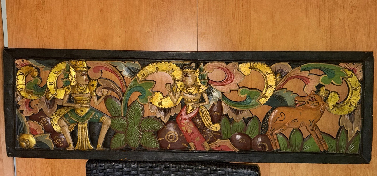 Vintage Balinese Wood Carved Panel 98x30cm Ramayana Hand Painted Temple Art Gol