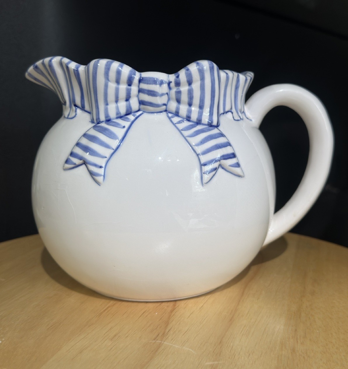 Vintage Haldon Group Blue Bow Ceramic Pitcher Ruffled Rim Cottage Chic Farmhouse