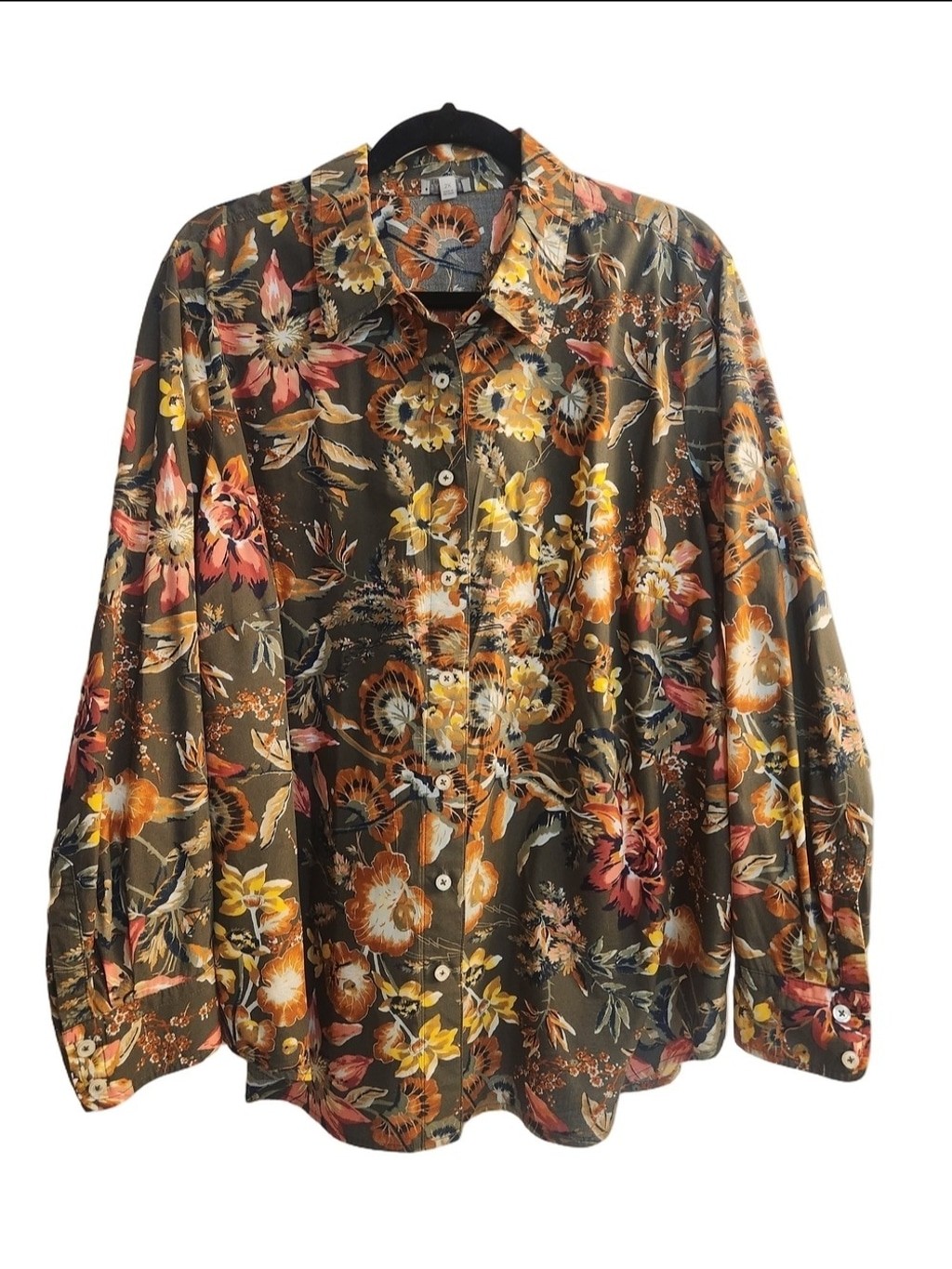 Talbots Plus Size 2X Olive Green Botanical Floral Long Sleeve Button-Down Blouse