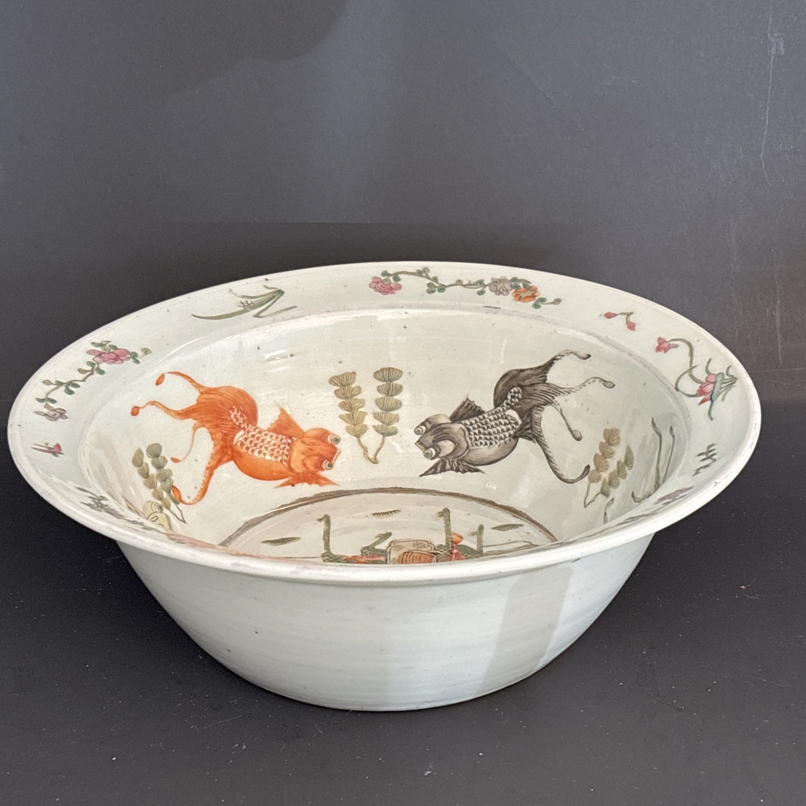 Large Chinese Famille Rose-( RARE) Koi & Travelers  Porcelain Basin/Bowl 19th C