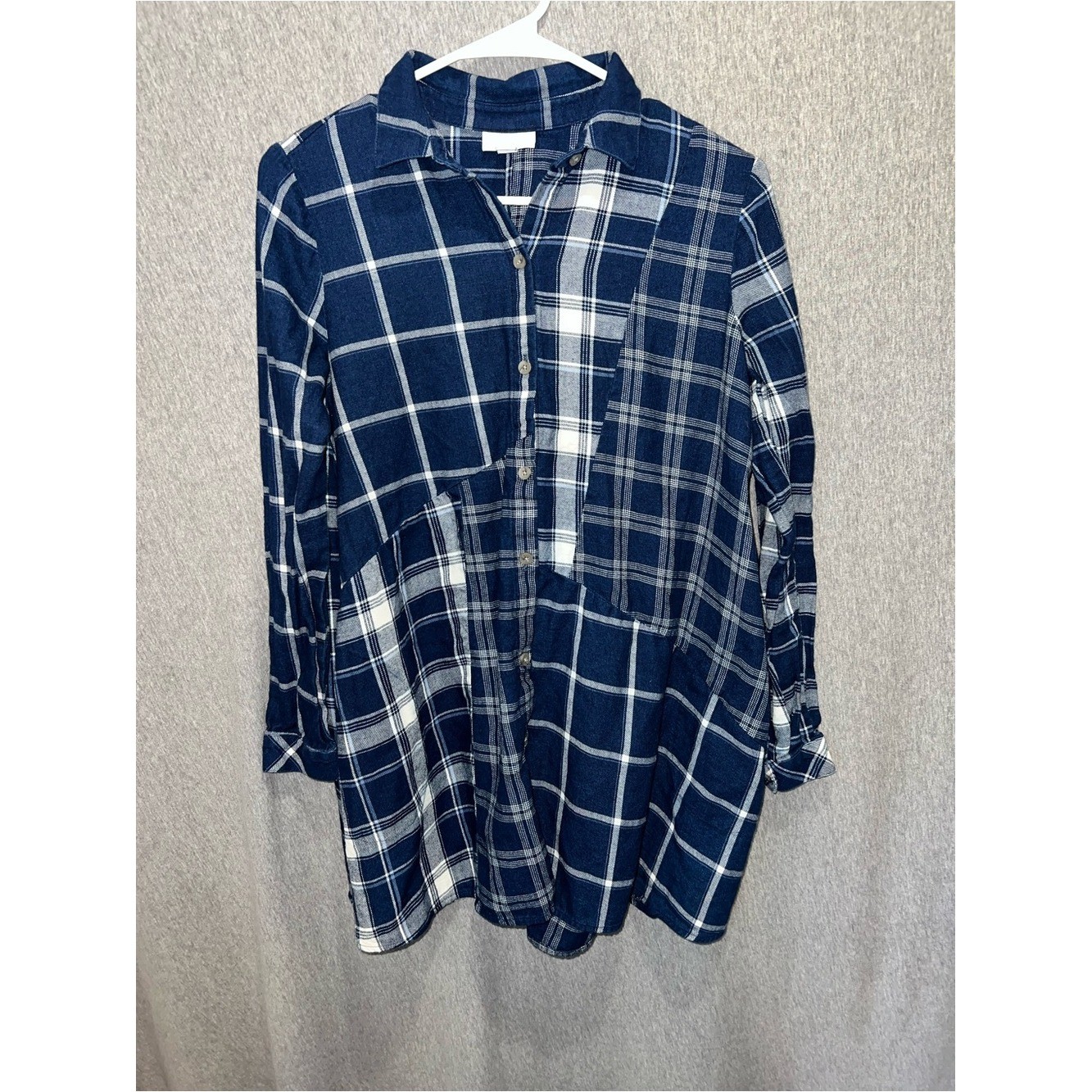 J. Jill Womens Navy Blue White Mixed Plaid Button Front Relaxed Top Medium