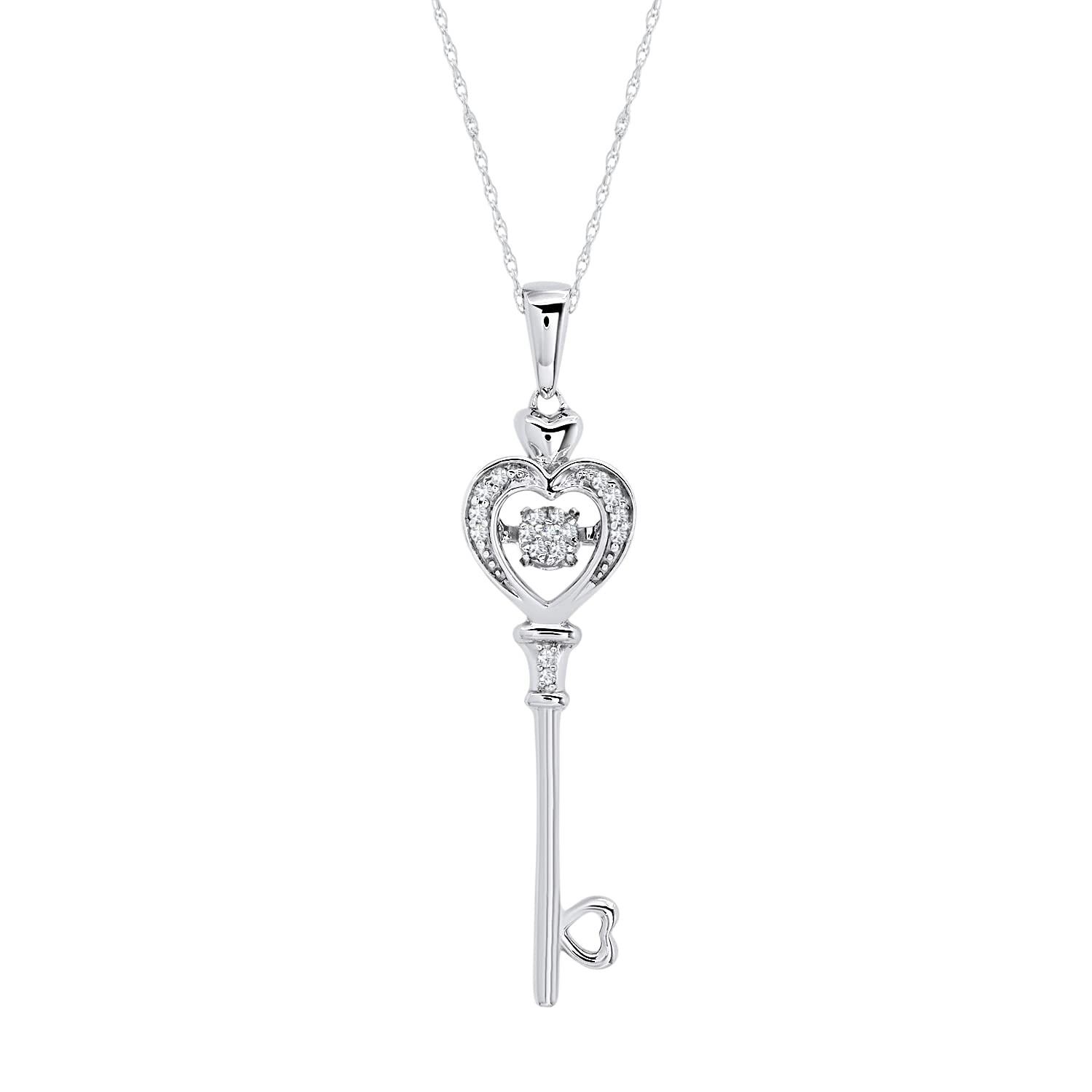 Sterling Silver Dancing Diamond Heart Key Pendant Necklace Women Heart Key