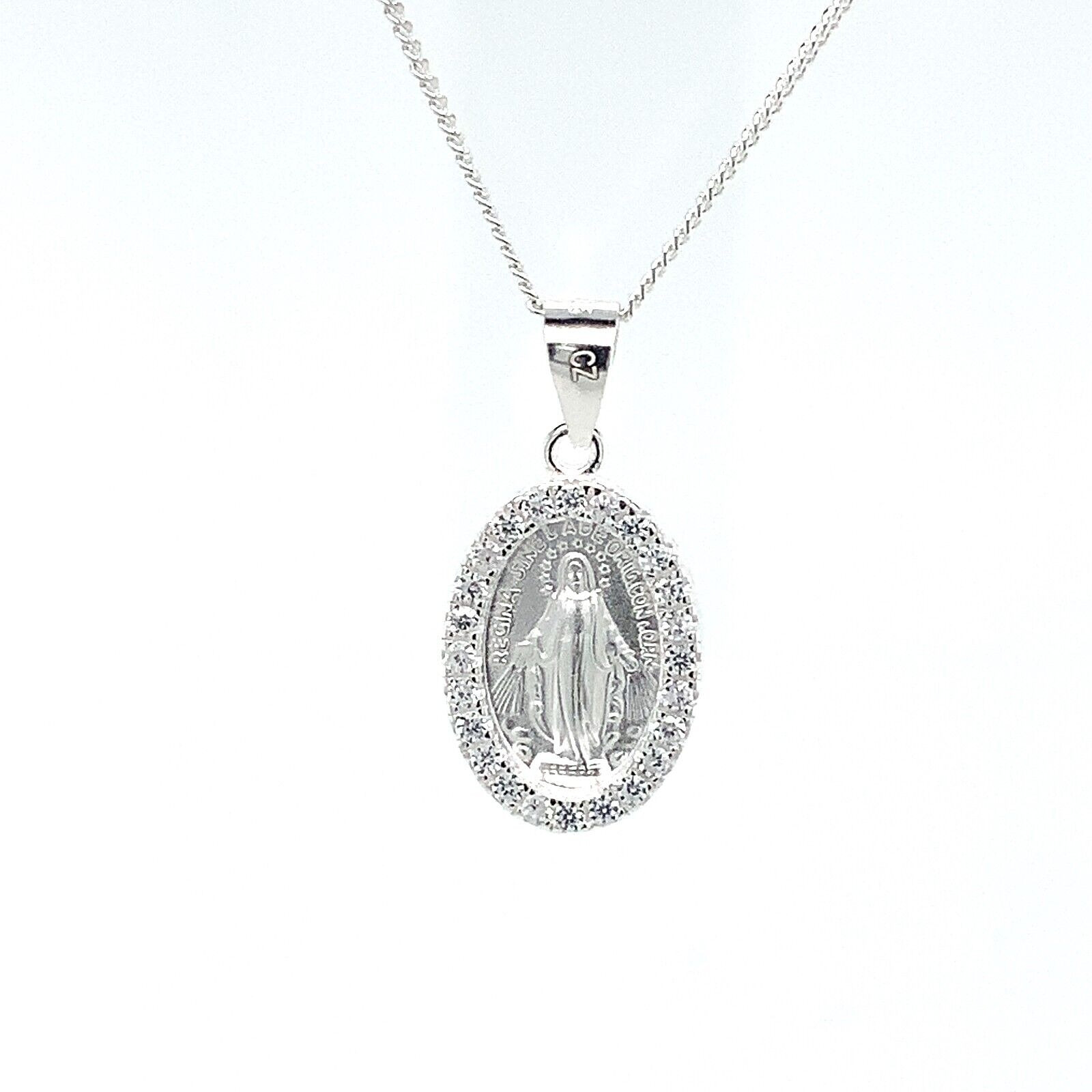 Miraculous Medal Sterling Silver Virgin Mary Pendent Necklace cz set Catholic Miraculous Medal Sterling Silver Virgin Mary Pendent Necklace cz set Catholic