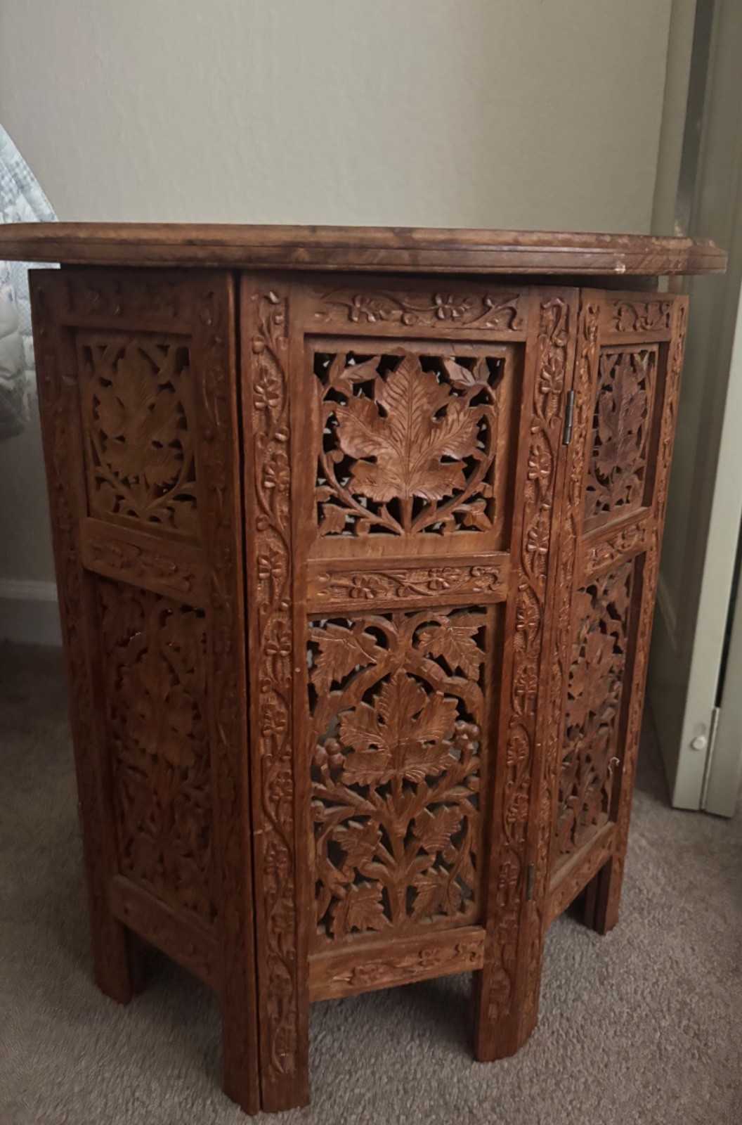 Vintage Carved Wood Hexagonal Folding Table Intricate Carvings 18.5 x 18.5 Vintage Carved Wood Hexagonal Folding Table Intricate Carvings 18.5 x 18.5